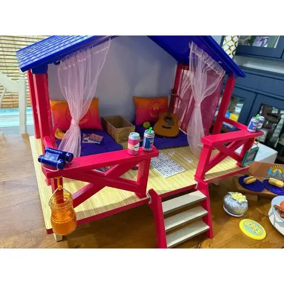 American Girl Retired Camp Hangout Tent Cabin Games with Campfire Set bench